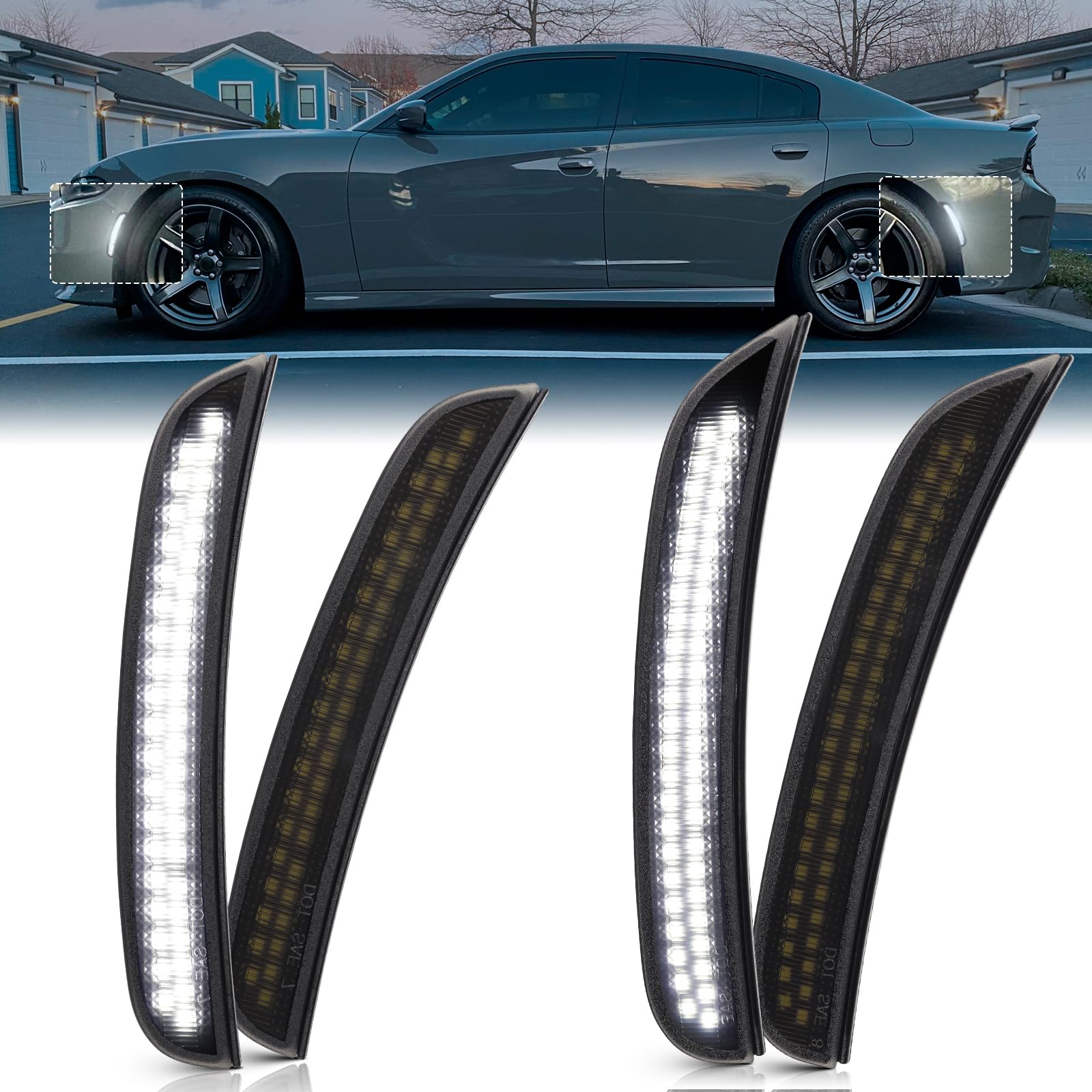 White LED Side Marker Lights for Dodge Charger 2015-2023, Smoked Lens Front Rear Bumper Lights with Dual Row Chips, Pure White LED Charger Side Markers Fender Parking Lamps