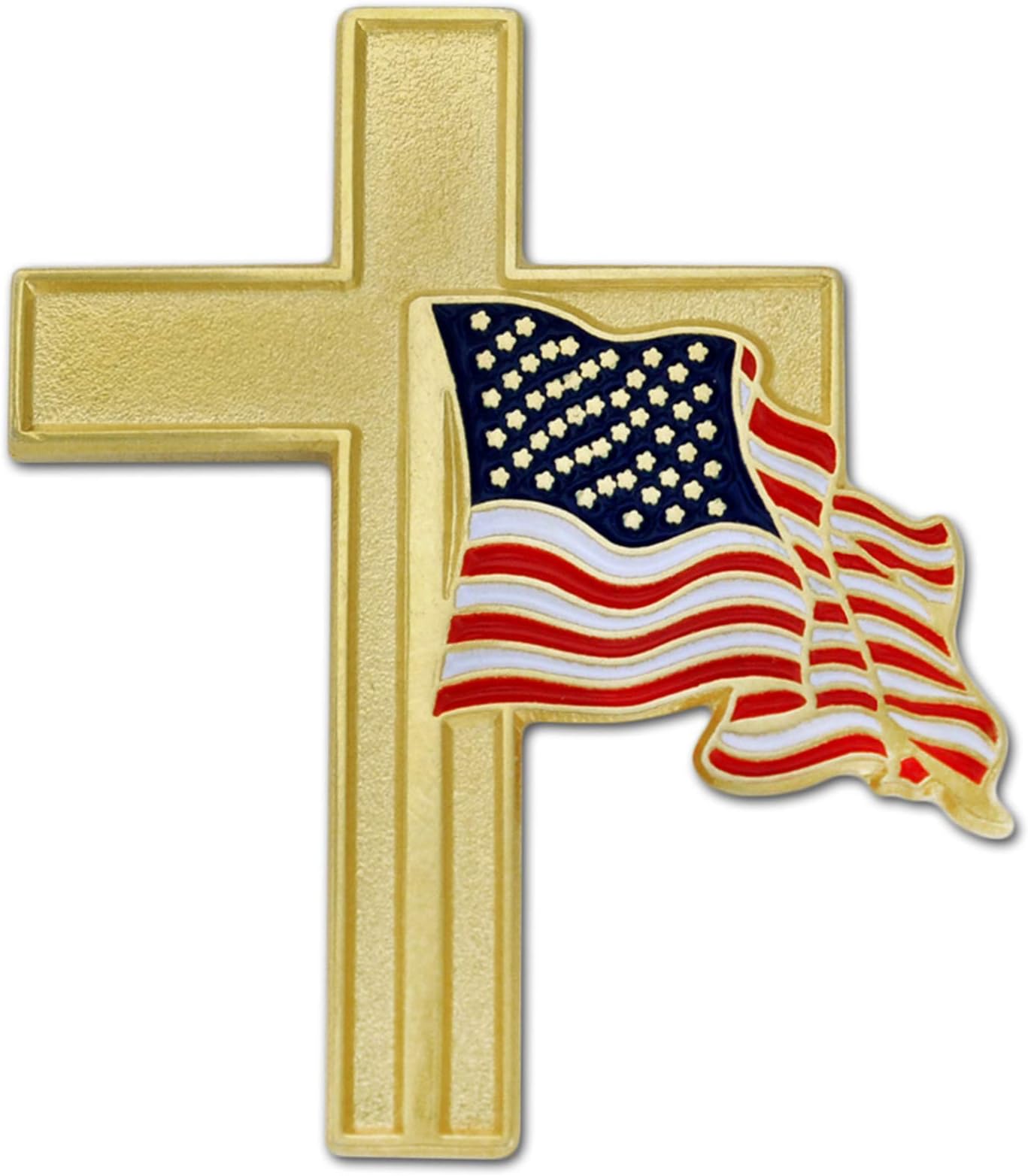 Patriotic Cross with Waving American Flag– Waving U.S.A. Flag - Enamel Lapel Pin - SecureClutch Back for Hats, Scarves and Backpacks