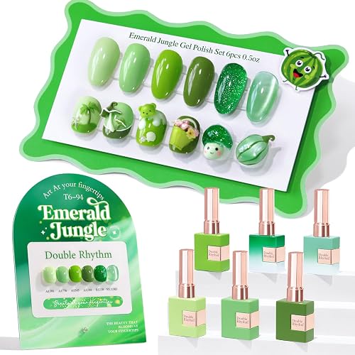 Double Rhythm 6 Pcs 15 ML Gel Nail Polish Set Cat Eye Glitter Kit (T6-94) | Full Size Same Color Same Bottle Nail Art Manicure Salon DIY at Home Green Glitter Cat Eye Magnetic Olive