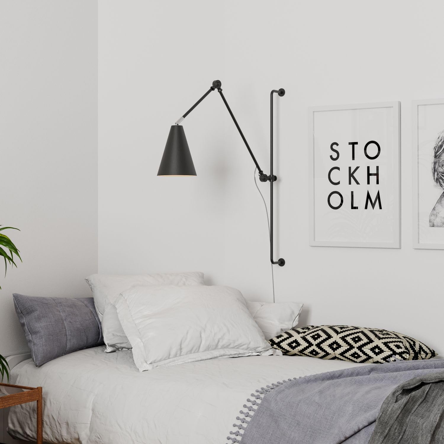 Licht-Erlebnisse Verstellbare Wandlampe mit Stecker Schalter H: 78,5 cm Gelenkarm Schwarz Metall E27 Retro Wandleuchte Wohnzimmer Leselampe XXL