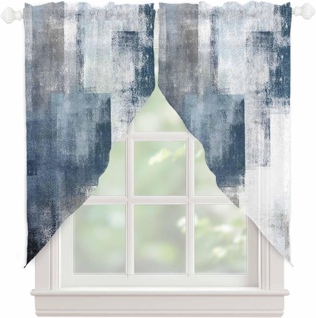 Blue Gray White Swag Curtain Valance for Kitchen Window, Ombre Abstract Mottled Art Voile Sheer Tier Curtains, Vintage Rustic Rod Pocket Tier Swag Topper for Bedroom Living Room 36"x63" 2 Panels
