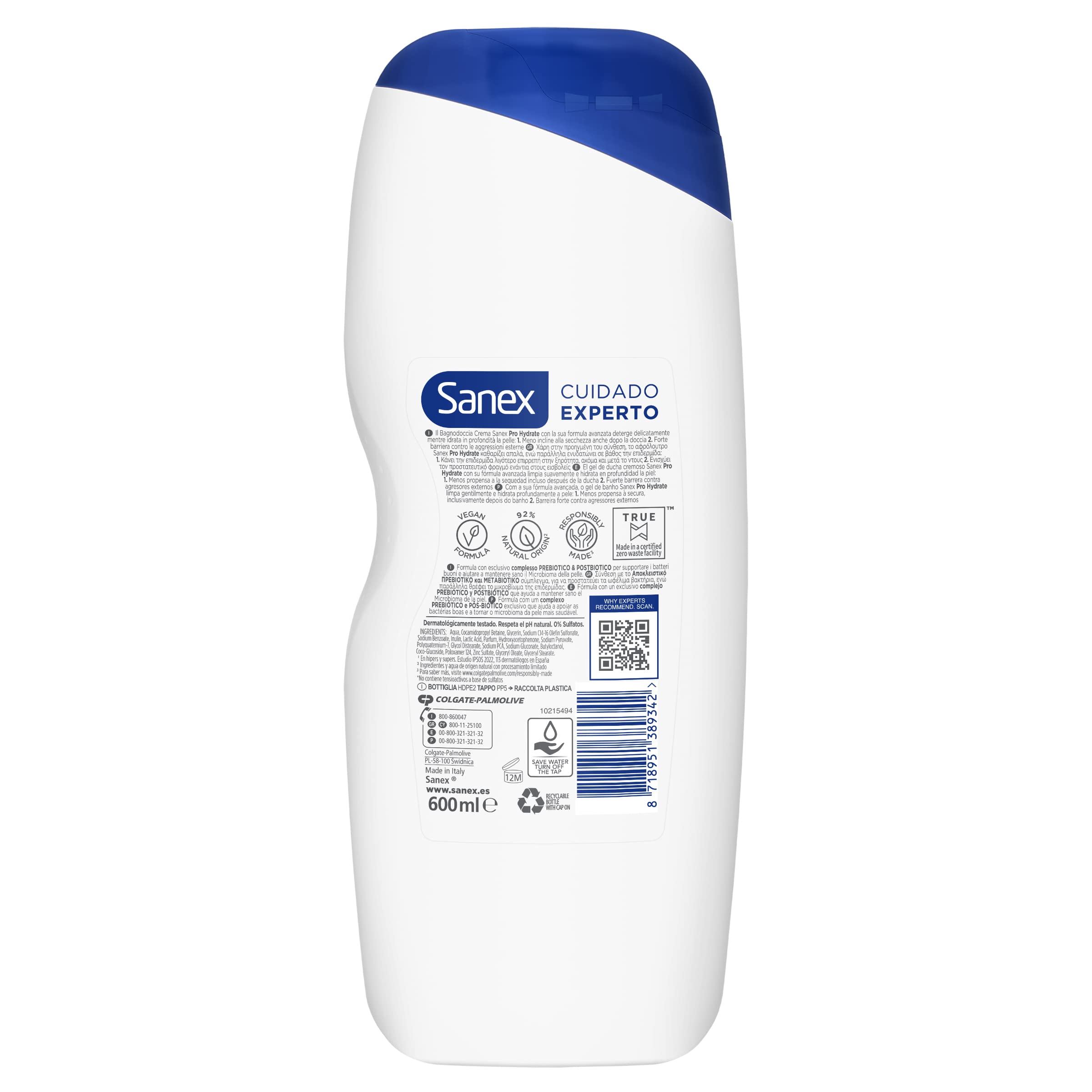 Sanex Expert Care Pro Hydrate żel pod prysznic, opakowanie 12 sztuk x 600 ml, żel do kąpieli dla bardzo suchej skóry, delikatnie oczyszcza, nawilża i zmiękcza skórę, kompleks prebiotyczny i