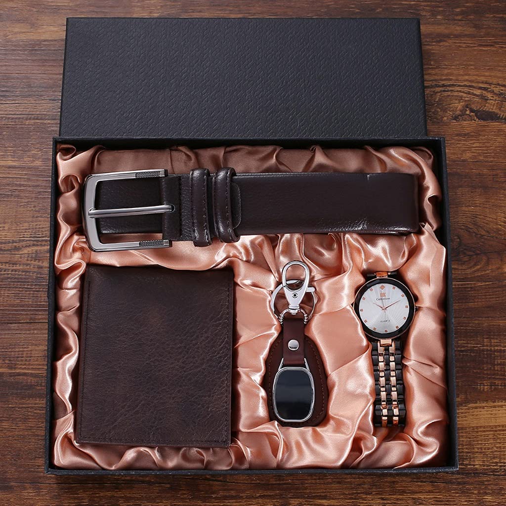 HMTE pz/Set Set Regalo da Uomo Orologio Squisito Cintura in Pelle Portafoglio Occhiali Portachiavi Vestito Set Regalo per Gli Uomini Fidanzato papà Drop Shipping (Color : B) (A)