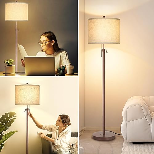 Miniatura 6 de Lámpara de pie de metal marrón para sala de estar, lámpara de pie de altura ajustable, luz de poste para dormitorio, con pantalla de lino y base de