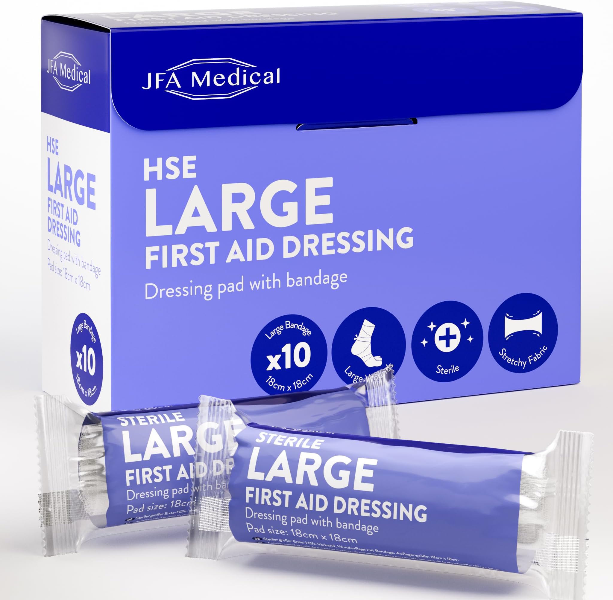 JFA Medical HSE Large Sterile First Aid Dressing Bandage with Pad 18 x 18cm - Pack of 10 Bandages