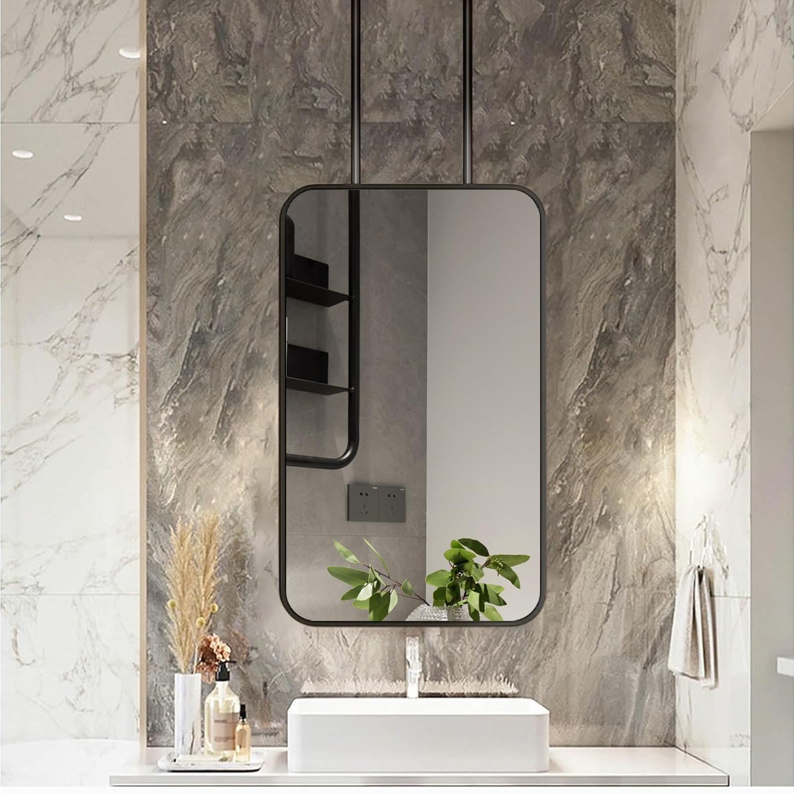 BKSXSOP Black Ceiling Hanging Mirror - Customizable Bathroom Vanity with Metal Frame, 50cm x 70cm Suspended Design for Home & Hotel Makeup and Shaving