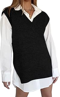 Sponsored Ad - Cowasto Womens Oversized Knit Sweater Vest V Neck Loose Solid Tunic Sleeveless Knitwear Pullover Top