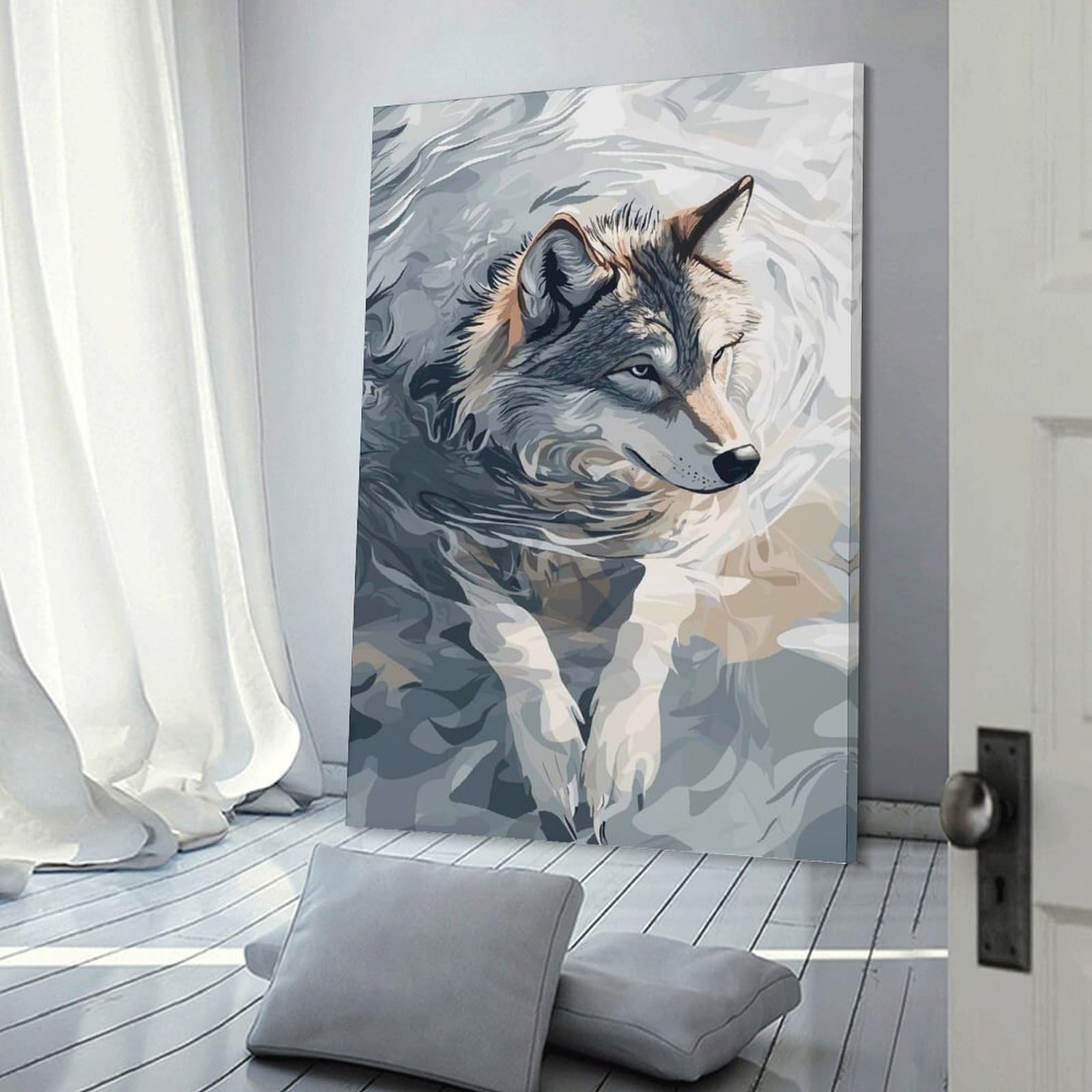 Junmoney Frame-Style Canvas Wall Picture Wolf Portrait In Abstract Water, 24X36inch(60X90cm), For Bedroom Decor, Cosy Corners Or Studios, A Warm Accent For Relaxed Interiors