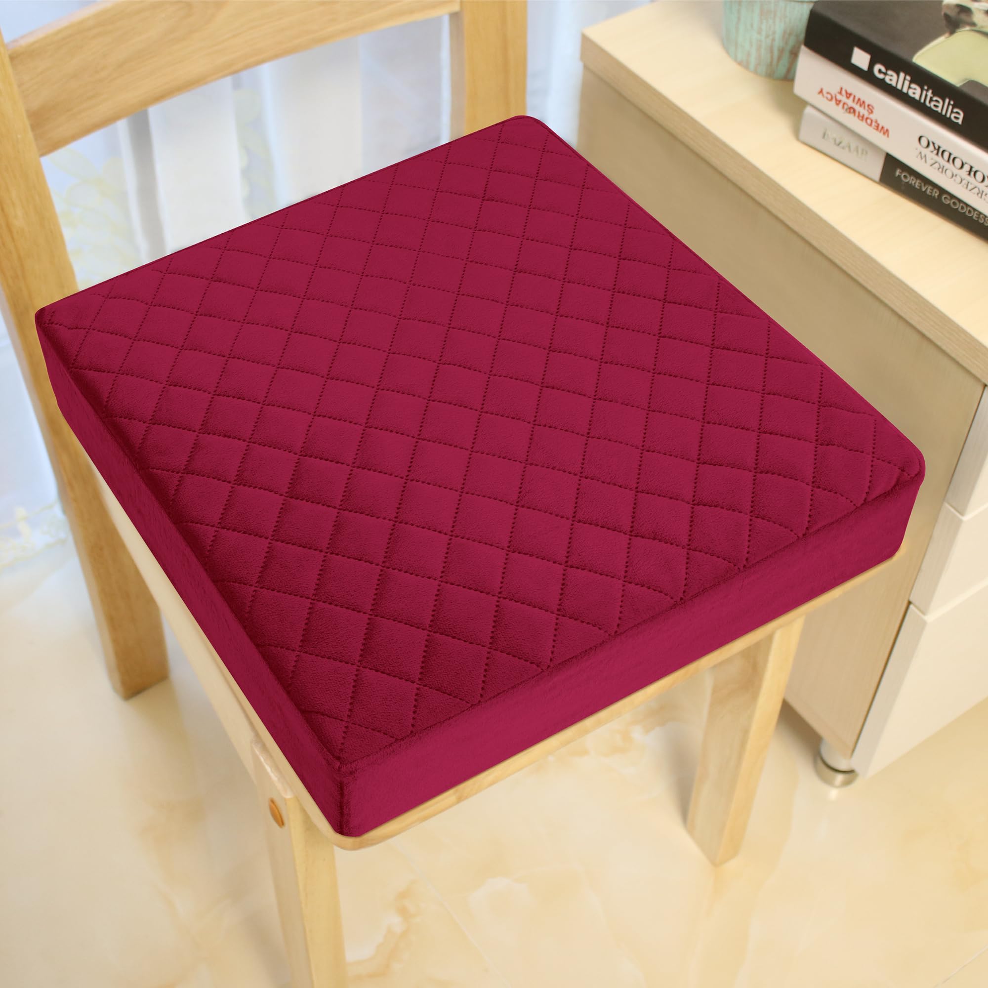 COMFORTANZA Soft 18x18x3 Memory Foam Seat Cushion for Kitchen, Dining, Office Chairs, Car Seats - Washable Velvety Cover with Waterproof Layer & Non-Slip Base - Comfort & Back Pain Relief - Burgundy