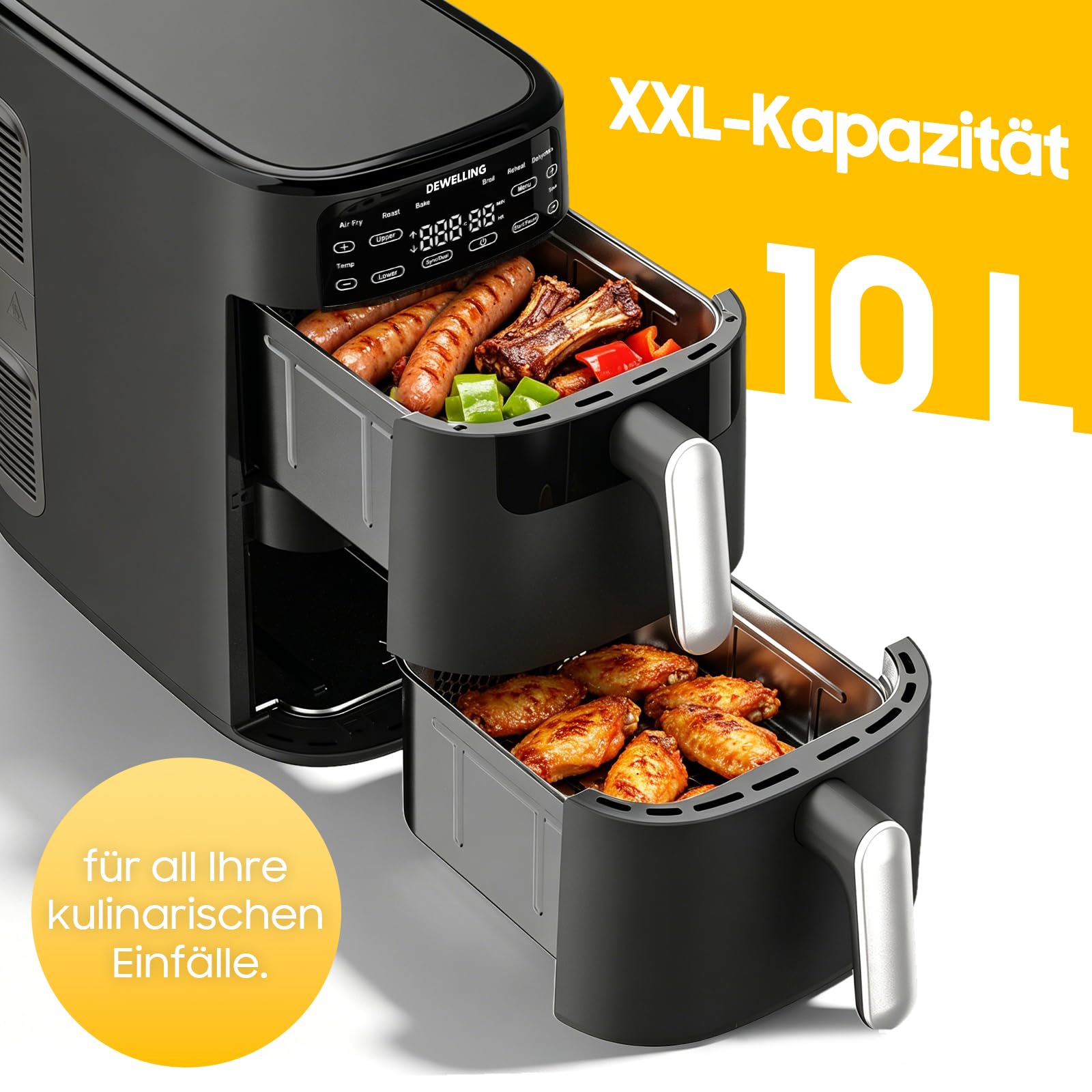 Airfryer 10L Double Stack - 2700W Heißluftfritteuse 2 Kammern, XXL Heissluftfritteuse mit vertikale Doppelkammer, 6-in-1-Funktionen, Max 230°C, PFAS-frei, Spart 50 Prozent Platz, Rezeptbuch