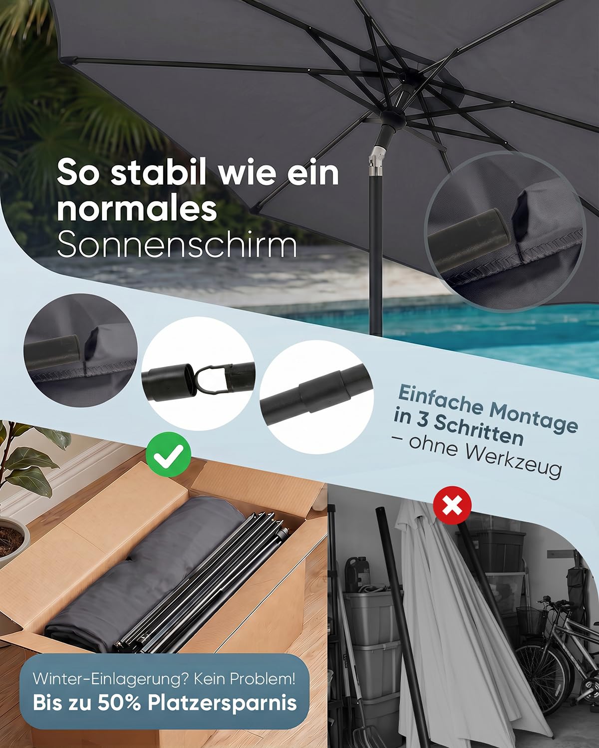 Sekey Alu-Sonnenschirm 300 cm mit Kurbel, Stoffgewicht 180 g/m², UV-Schutz 50+, unterer Mast 38 mm für Stabilität, leicht & langlebig, kippbar für Balkon, Garten & Terrasse
