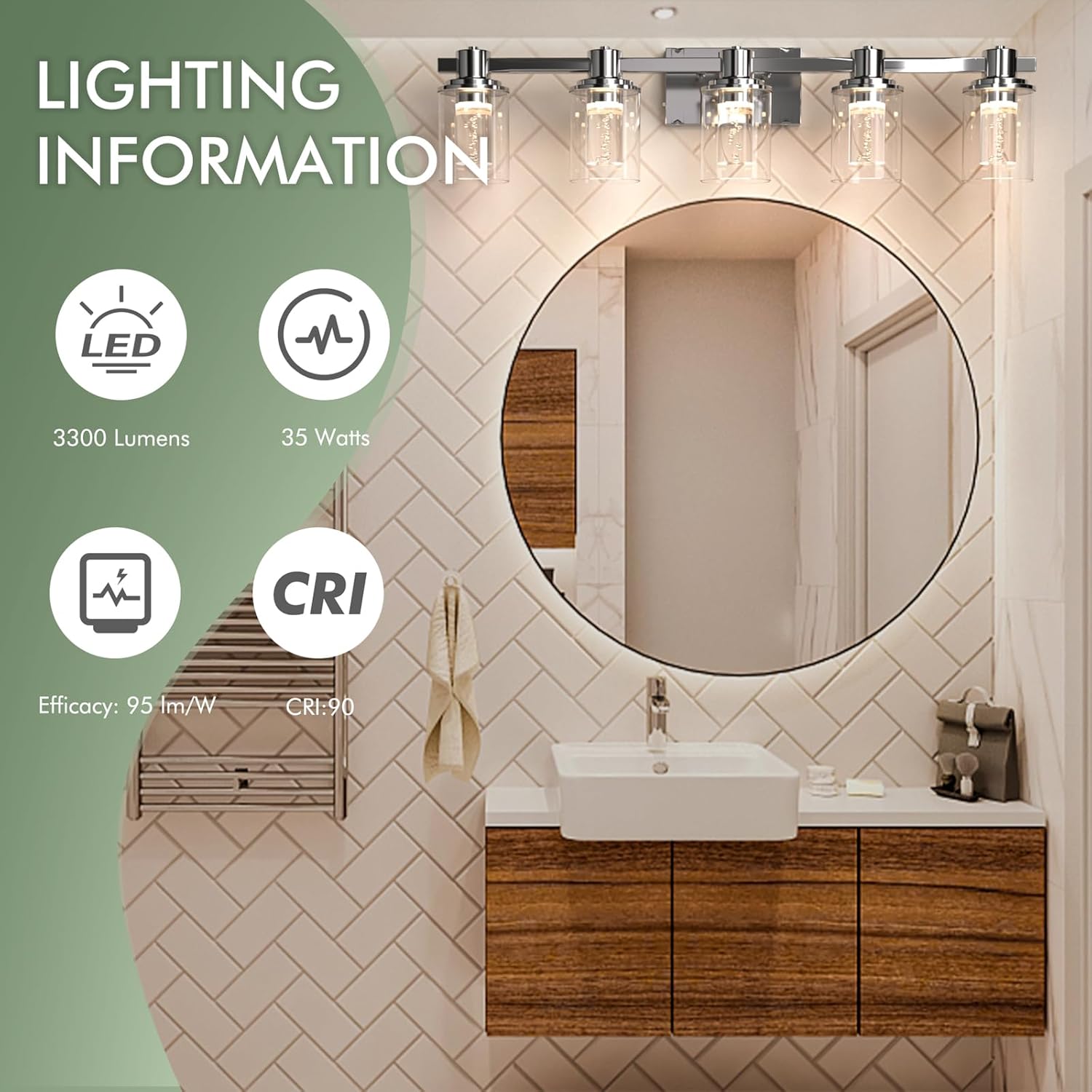 Quntis 5-Light Chrome Bathroom Vanity Light with 5 Color Modes, Dimmable Modern Bathroom Lighting Fixture Over Mirror, 35 Watts Eye Protection LED Wall Lamp 33 Inch (UL Certified, Bulbs Included)