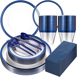 225 Pcs Clear Plastic Rimmed Plates for Party Disposable Dinnerware Set for 25 Guests Plastic Party Plates Napkins Forks Cups Knives Spoons for Wedding Birthday Holiday Gathering(Royal Blue)
