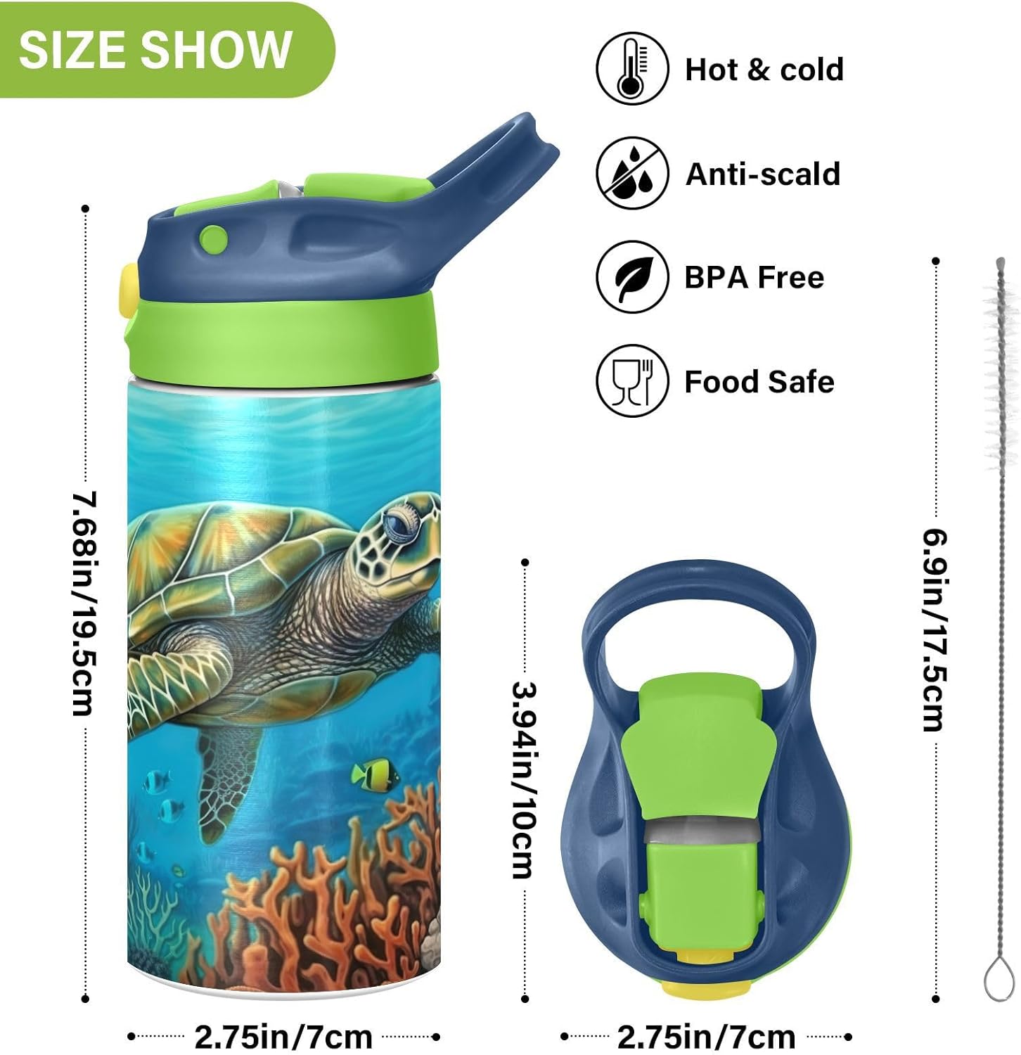 Kigai Sea Turtle Kids Water Bottle,Vacuum Insulated Bottles with Straw Lid,Leakproof Stainless Steel Bottles for Girls and Boys - Image 3