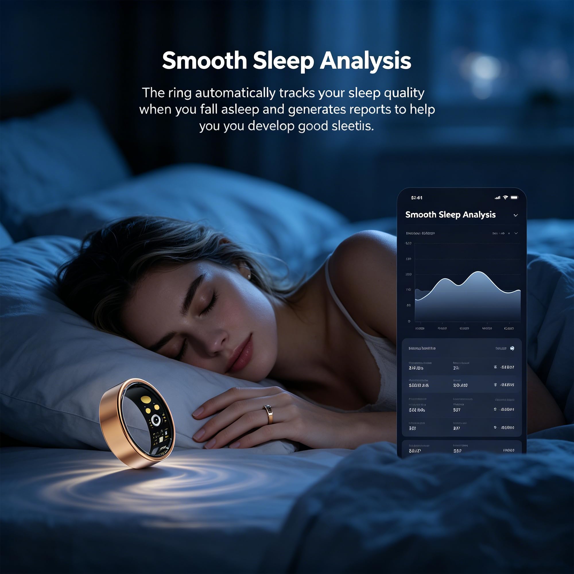 Smart Ring Moniteur de fitness et de santé pour homme et femme, moniteur de pas, étanche IP68, pas de frais d'abonnement, compatible avec iOS Android (doré, 8#)