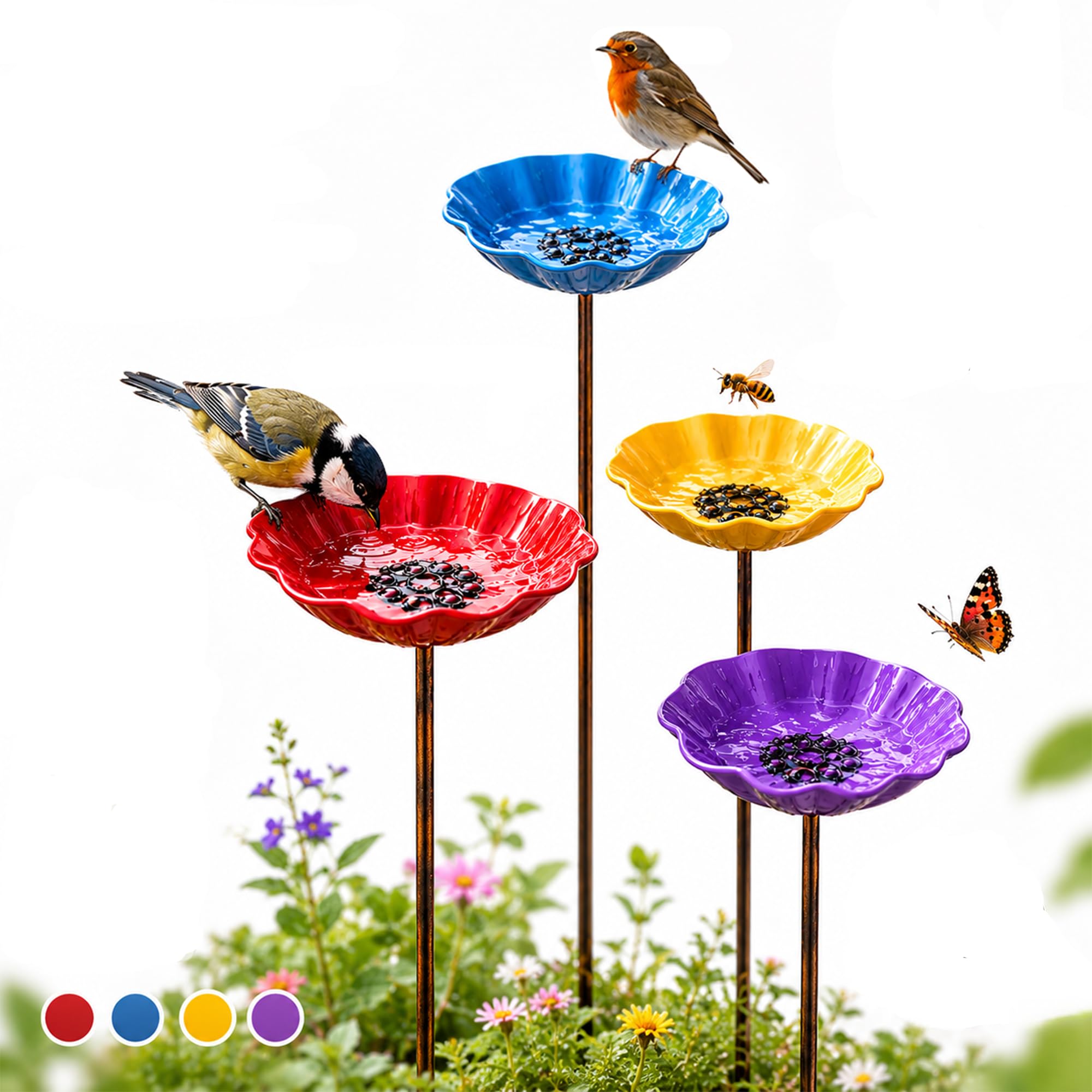 Vogeltränke Blume & Bienentränke aus Metall – Winterfest, Blumenform Gartenstecker, Wasser- & Futterstation für Vögel, Bienen & Schmetterlinge, Gartendeko Gartenstecker für Blumenbeet (4 IN 1)