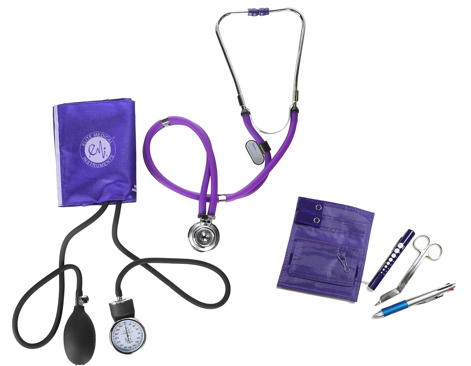 EMI NK-330 6 Piece Nurse Kit - Pink - Sprague Rappaport Stethoscope, Aneroid Sphygmomanometer, and Pocket Organizer Set (Includes Chart Pen, 5.5 in. Lister Bandage Scissors, Pen Light)