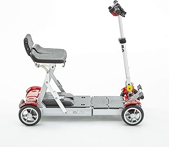 Motion Healthcare mLite Folding Electric Mobility Scooter – Lightweight Battery Operated – Extendable Floor Pan – Four-Wheel Mobility Scooter – On and Off Board Charging – 115kg Weight Capacity (Red)