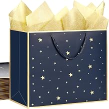 SHIPKEY 12 Pack Navy Star Gift Bags with Gold Frame, 12.5x4.5x11 Inches Large Paper Bag with Ribbon Handles, Star Shopping Bags 32x11.5x28 cm