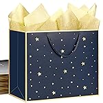 SHIPKEY 12 Pack Navy Star Gift Bags with Gold Frame, 12.5x4.5x11 Inches Large Paper Bag with Ribbon Handles, Star Shopping Bags (32x11.5x28 cm)