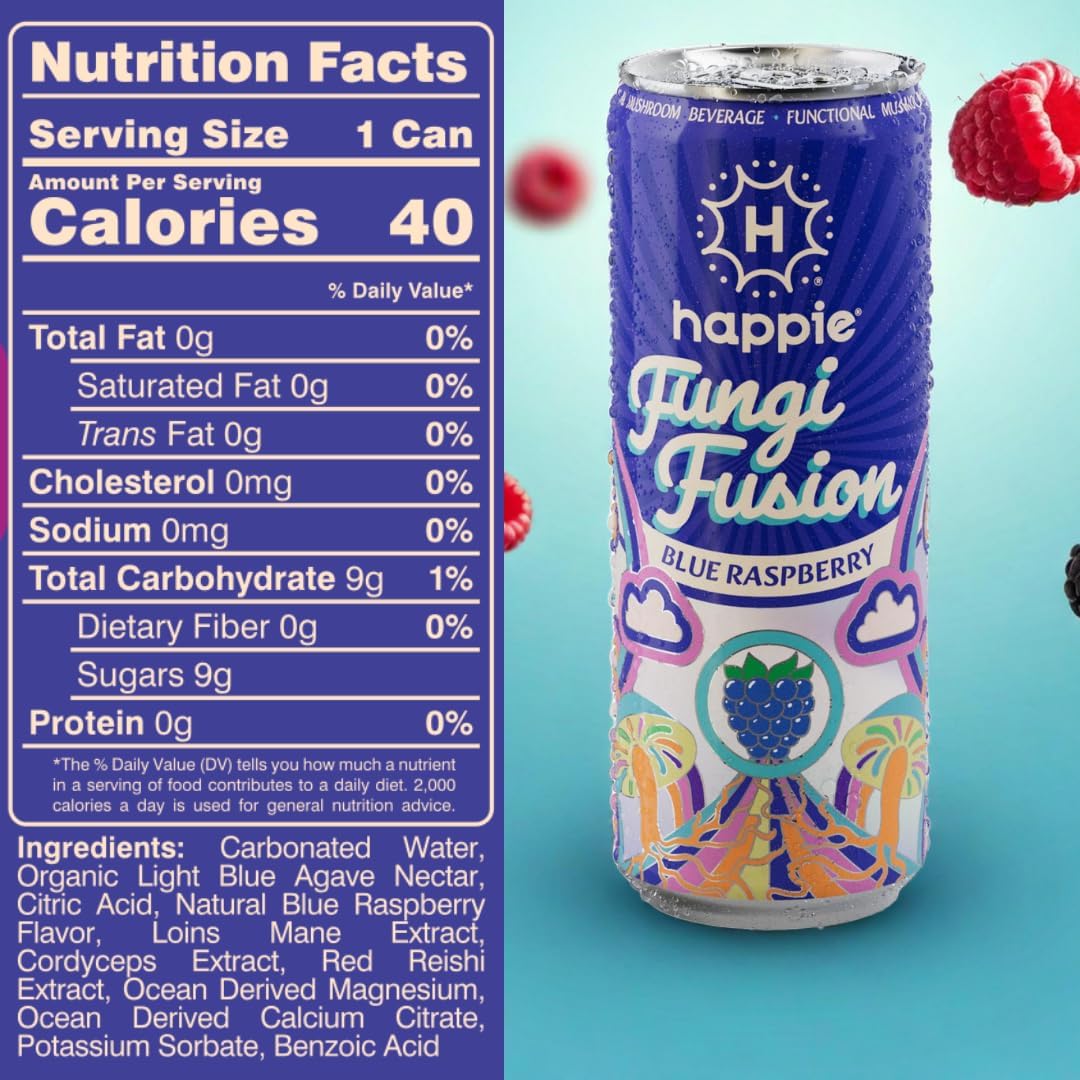 Happie Fungi Fusion Variety Pack– Sparkling Adaptogen Drink with Lion’s Mane, Cordyceps & Red Reishi – Plant-Based Nootropic, 40 Calorie, Zero Sugar Added, Vegan Wellness Soda Alternative (18 pack, Blue Raspberry, Mango Mimosa, and Watermelon)
