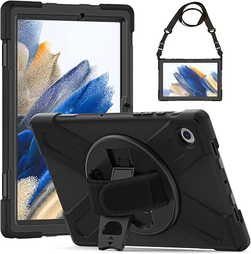 Gerutek Samsung Galaxy Tab A8 Case Shockproof, SM-X200/X205/X207 Case, Heavy Duty Rugged Samsung Tab A8 10.5 Case with 360 Rotatable kickstand/Hand & Shoulder Strap Cover for Galaxy Tab A8, Black