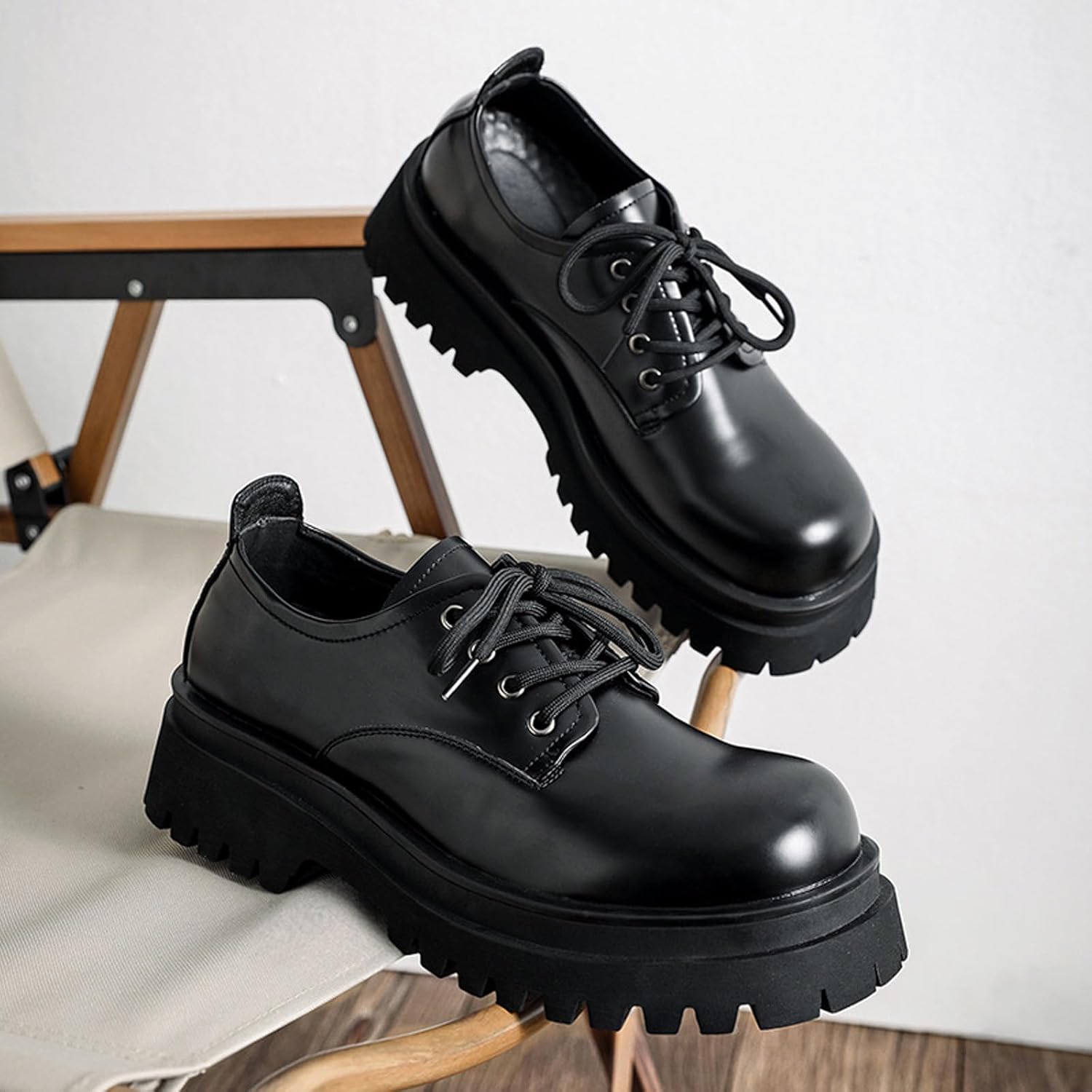 Men's Leather Round Toe Chunky Heel Platform Oxfords Comfortable Classic Lace-Up Non-Slip Lug Sole Block Heel Business Dress Shoes for Work Formal Office - Image 2