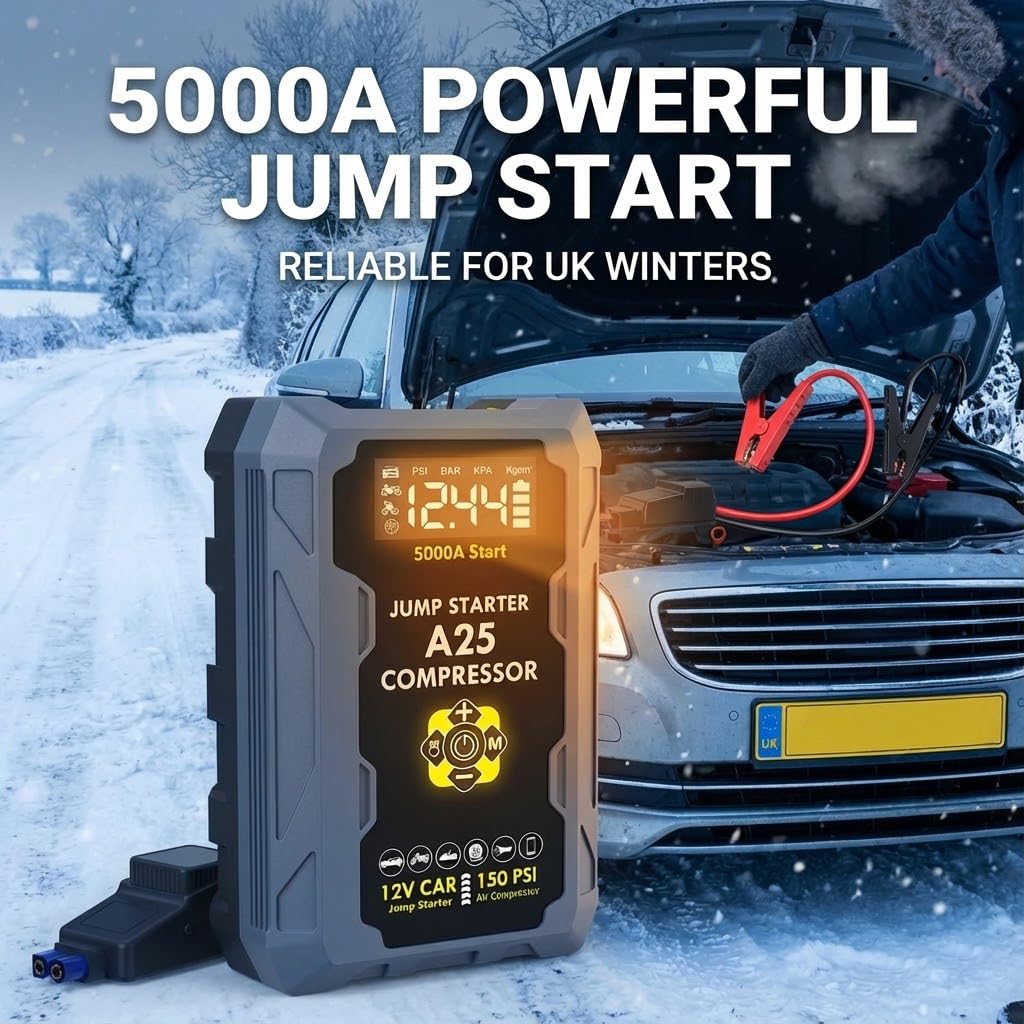 Paquete de energía de arranque de 5000 A con compresor de aire de 150 PSI, 8 en 1 de 12 V, arrancador de batería de coche para todos los motores diésel de gasolina/6.5 L, banco de energía con QC3.0