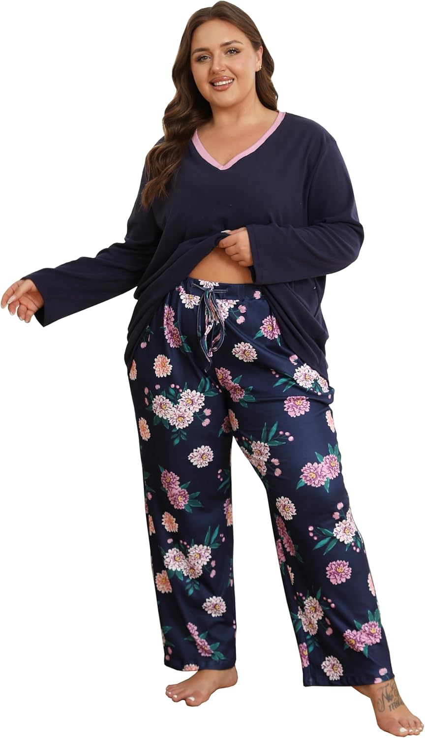 Vozanet Women's Pajamas Set Long Sleeve with Pants Fleece Winter Sleepwear Plus Size Elegant Cozy Loungewear Outfits