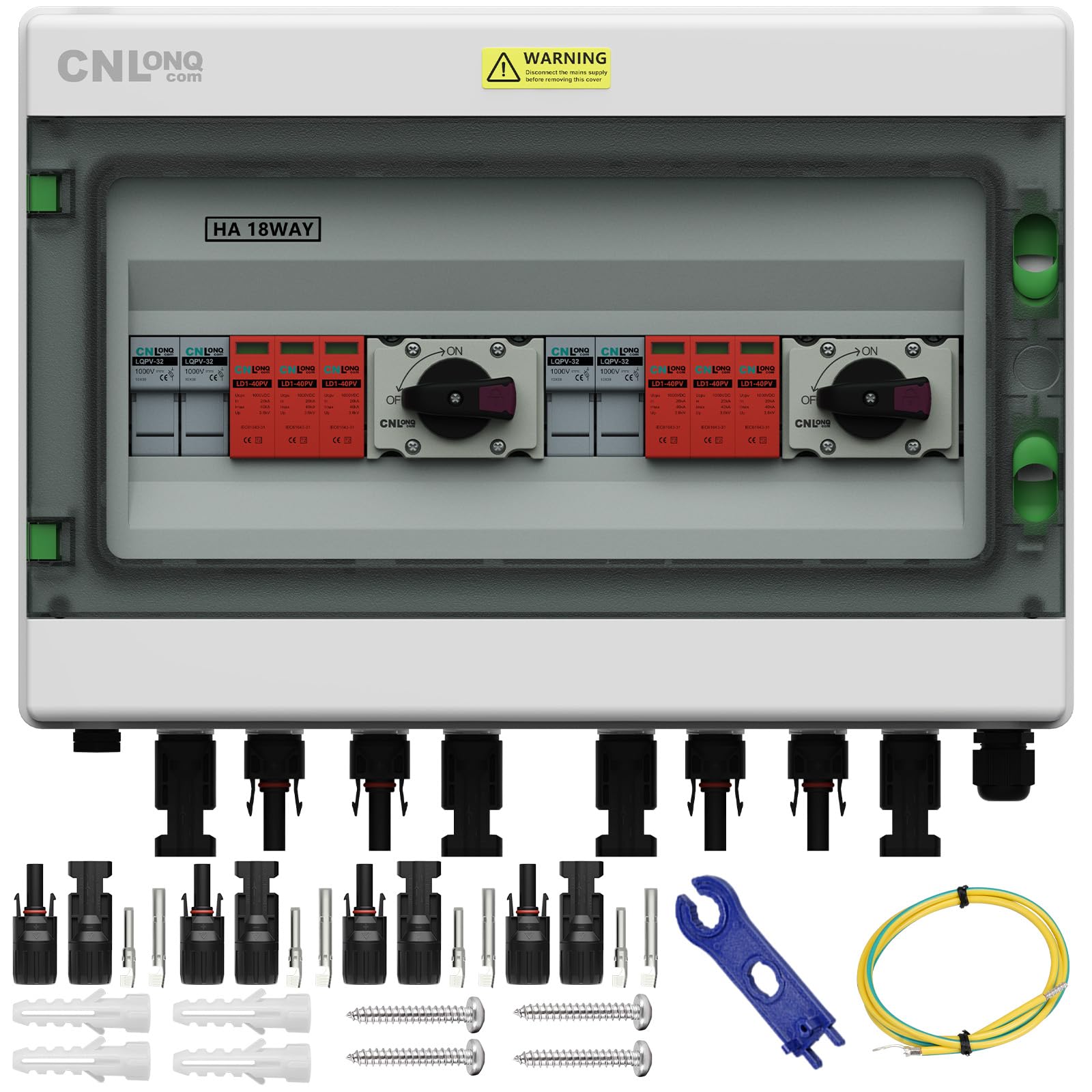 Scatola Combinata Fotovoltaica 2 ingressi 2 uscite DC1000V 32A Interruttore Automatico, Limitatore di Sovratensione e Fusibile da 15A con Scatola di Giunzione IP65 per Pannelli Solari