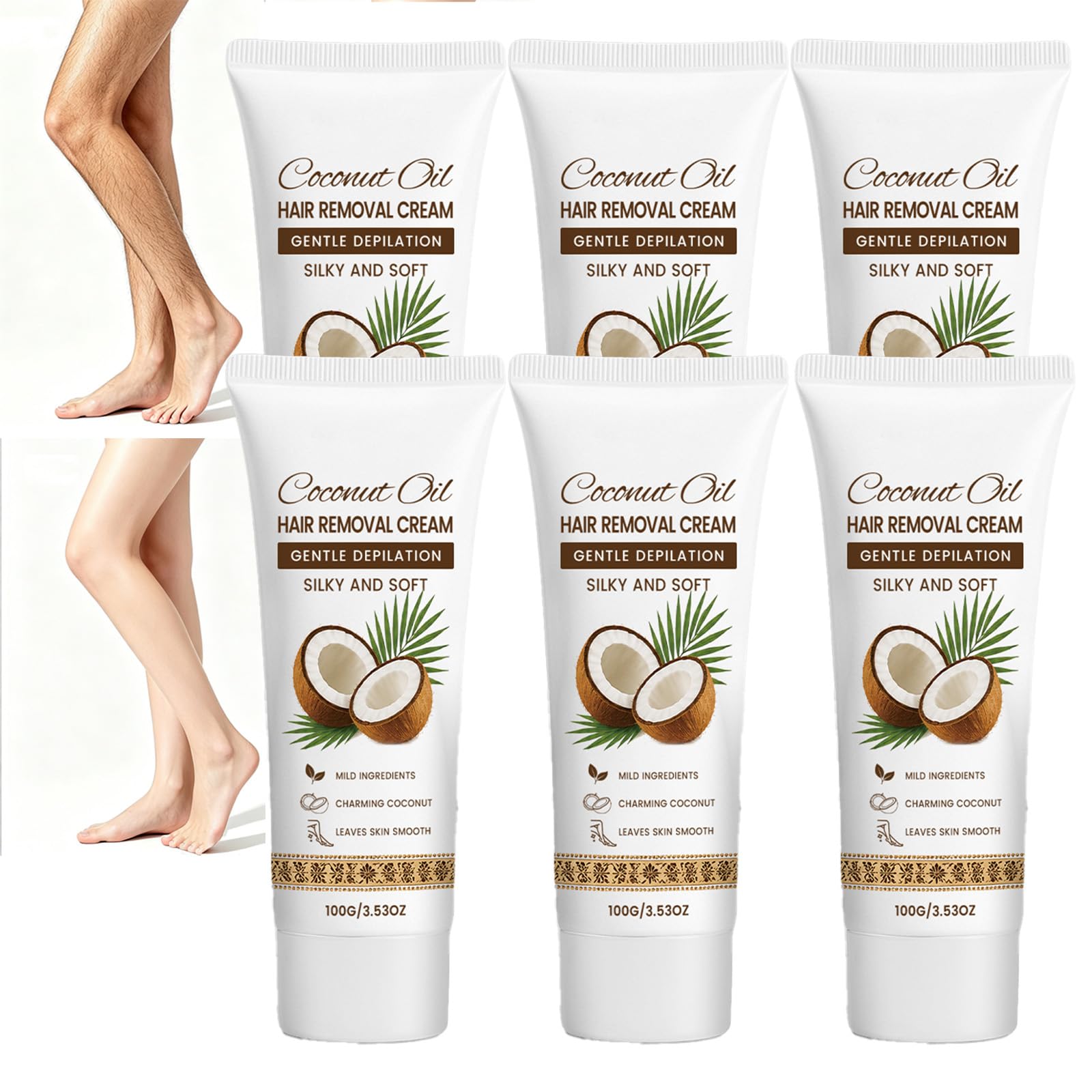 Depilatore viso e corpo per pelli sensibili, crema depilatoria bikini, crema depilatoria viso con olio di cocco, depilatore viso delicato ed efficace con olio di cocco, idratante lenitivo. (6pcs)