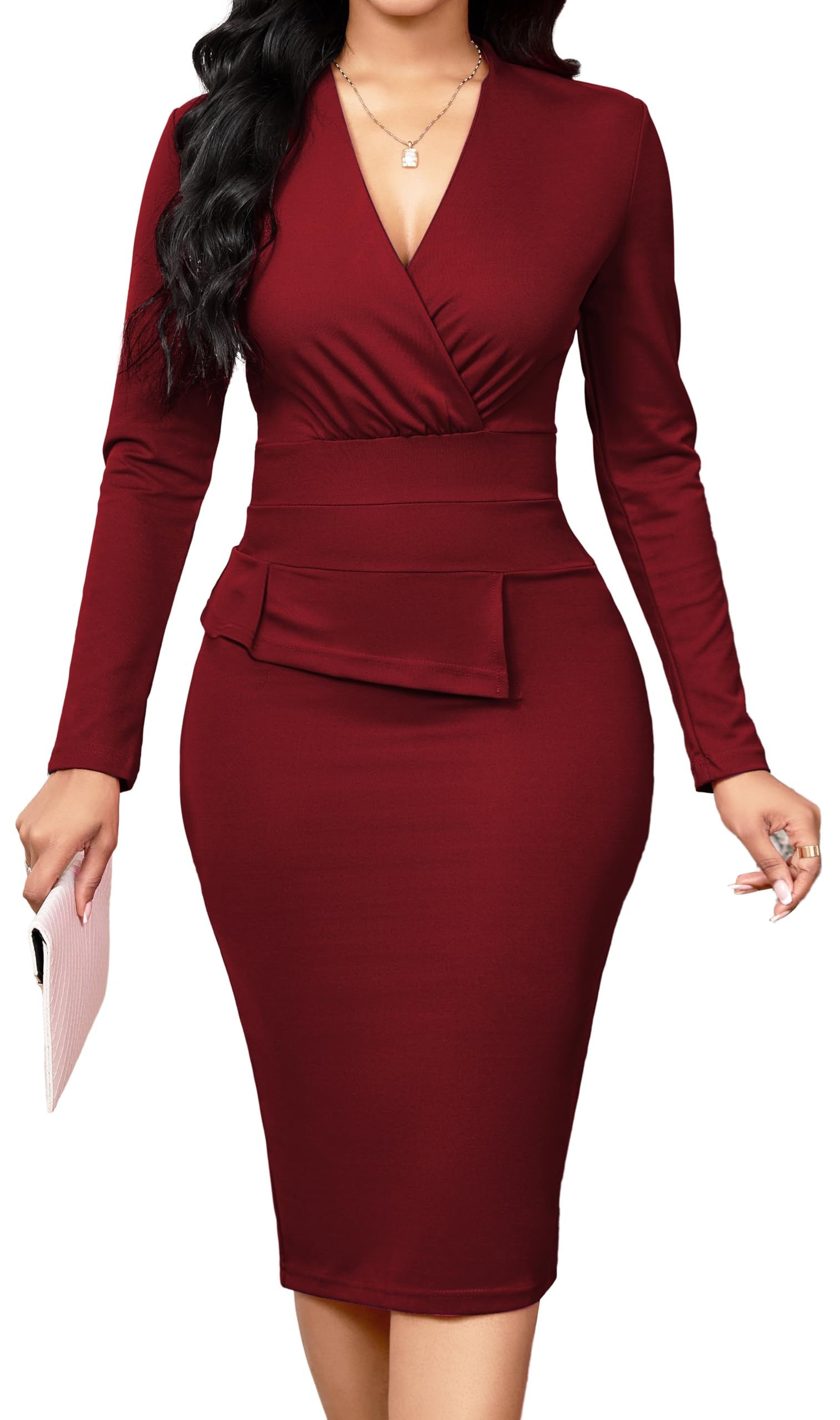 Oxgmoky Womens Elegant Dresses Work Business Dress Bodycon Long Sleeve Pencil Dress