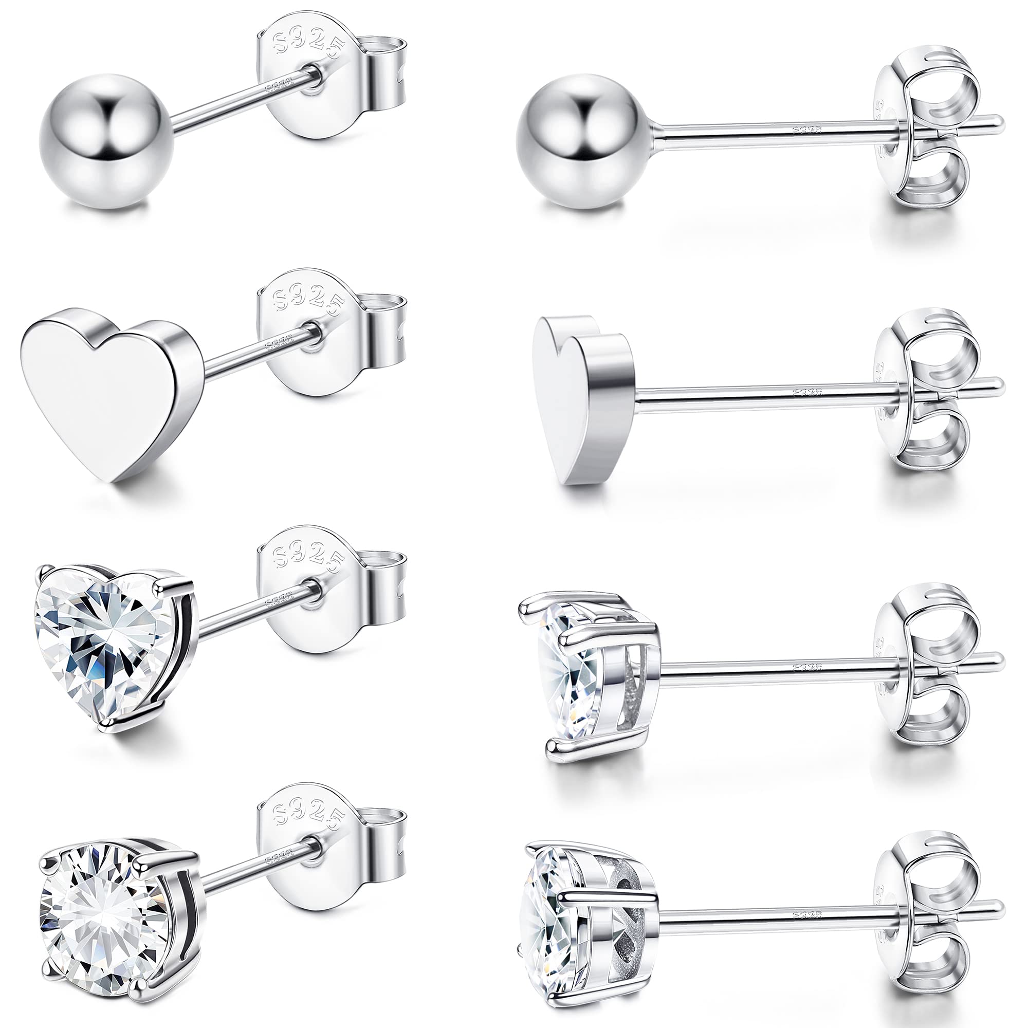 MILACOLATO 4 pares de Pendientes de Tuerca de Plata de Ley 925 para Mujer, Pequeños Pendientes con Circonita Cúbica Corazón Estrella Bola Pendientes de Plata de Ley 925 para Mujeres y Niñas