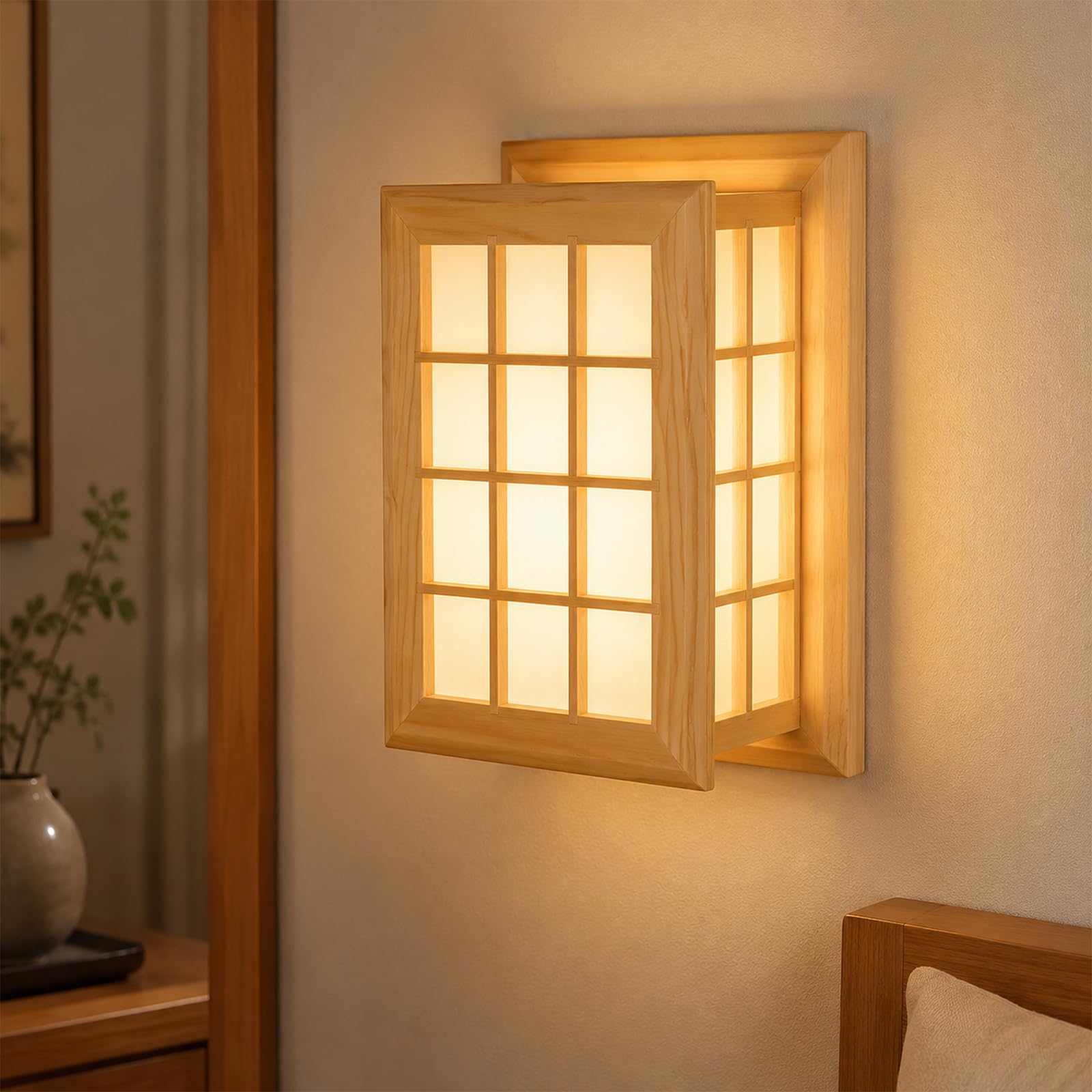 KlkrzJwy Japanese Wood Wall Sconce Shoji Style Wooden Wall Lamp Acrylic Shade Wall Light With 2 X E27 3000K Warm Hardwired Wall Sconce For Bedroom Hallway Living Room Stairway Bathroom (Includes Bulb)