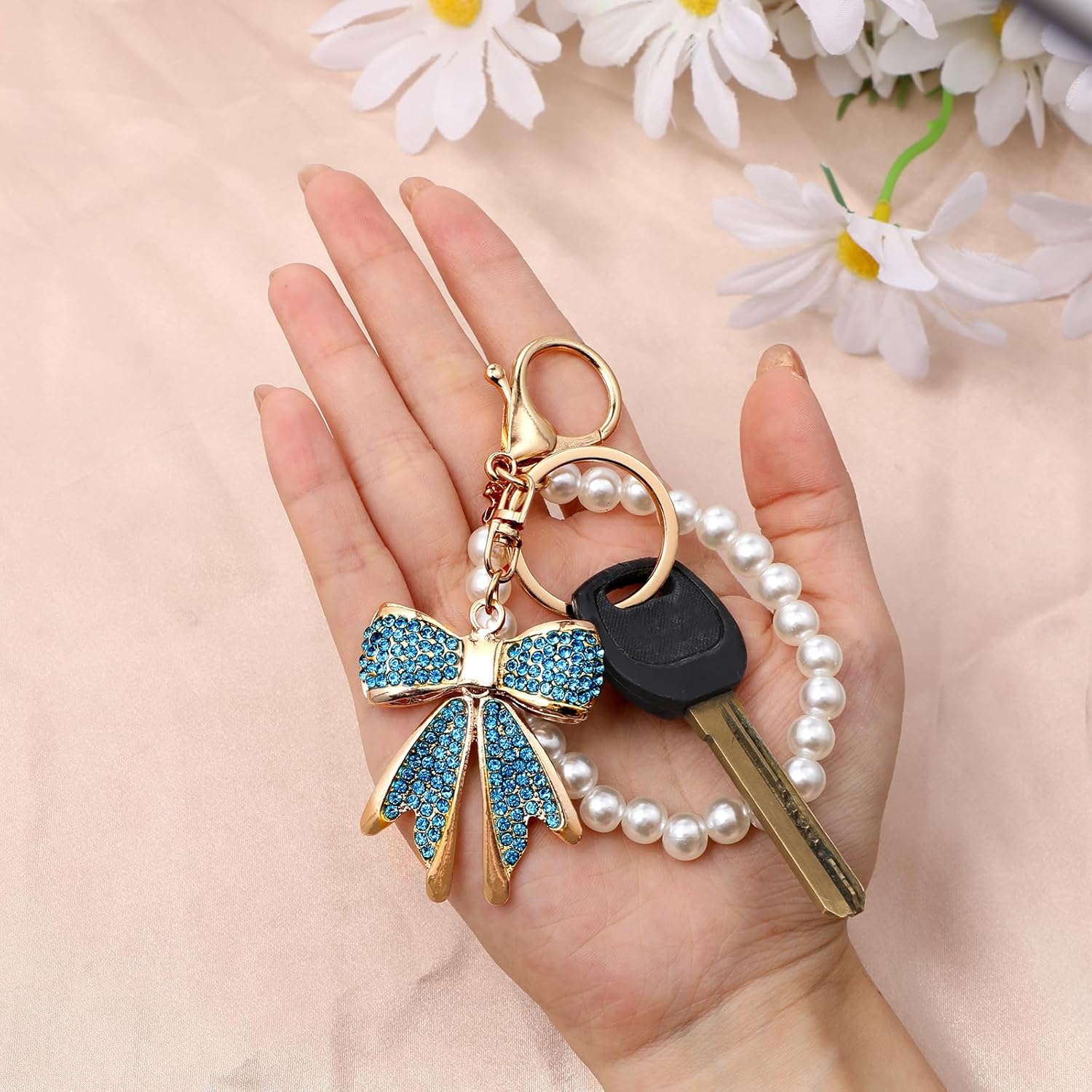 Bow Keychain Rhinestone Bowknot Keychain Purse Charms Bag Charms Imitation Pearl Chains for Handbags Purses Backpacks Cute Keychains Accessories for Women, Blue - Image 6