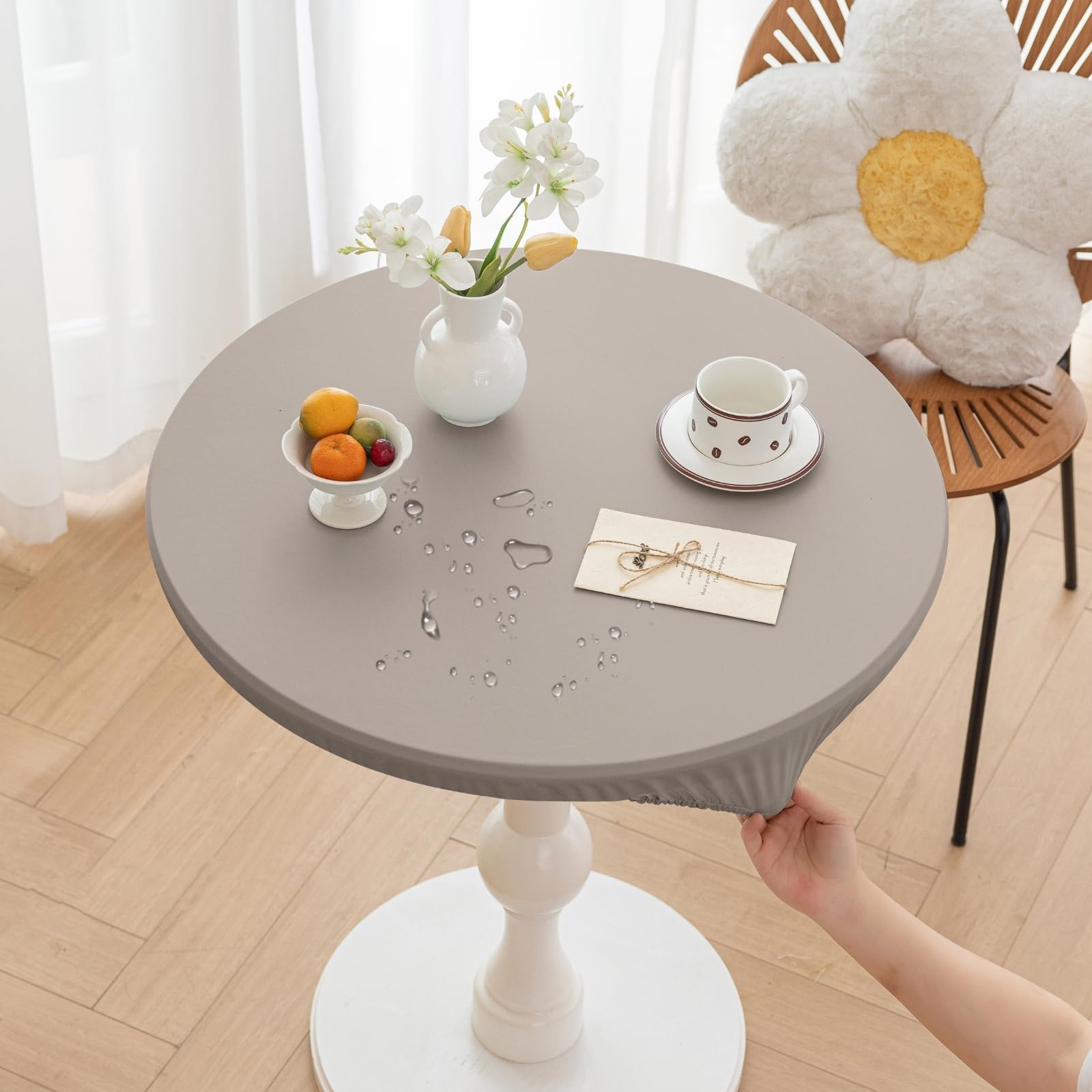 Huierxun Round Fitted PU Tablecloth with High Elastic Edge 35 Inch Dia Waterproof Oil Proof Table Cloth Anti-Scald Stain-Resistant Wipeable Table Cover for Indoor Outdoor Picnic (Grey,35" Dia)