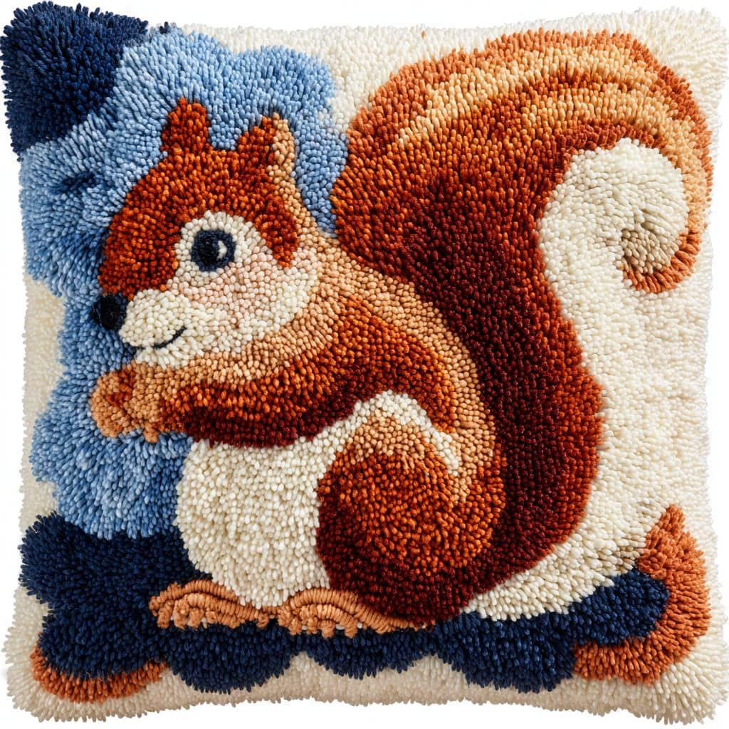 Taxpy DIY Latch Hook Kits, Animal Squirrel Needlework Pillow Cover 43x43cm DIY Hooks Knitted Embroidered Carpet Pillow Embroidery Latch Hook Carpet Kit