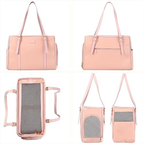 Miniatura 3 de Bolsa de cuero para perros pequeños, gatos, cachorros, bolsa de mano portátil aprobada por aerolíneas (rosa)