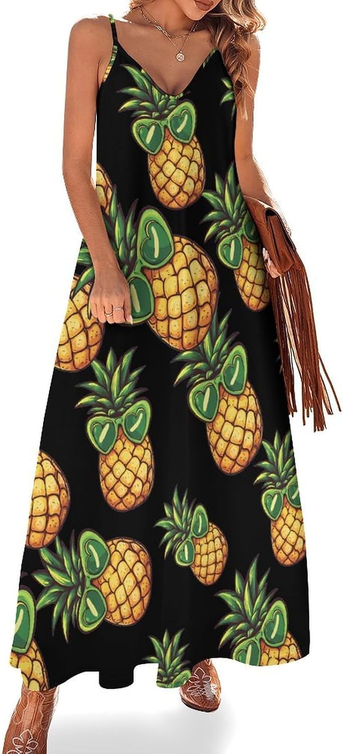 Pineapple Maxi Dresses for Women V Neck Long Dress Sundress Spaghetti Straps Beach Dress