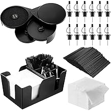 Mifoci 3 Tier Bar Glass Rimmer Bartender Tool with 12 Pcs Stainless Steel Classic Bottle Pourers, Bar Caddy with 6 Compartment, 1000 Pcs Coffee Cocktail Stirrers, 200 Napkins (Plastic)