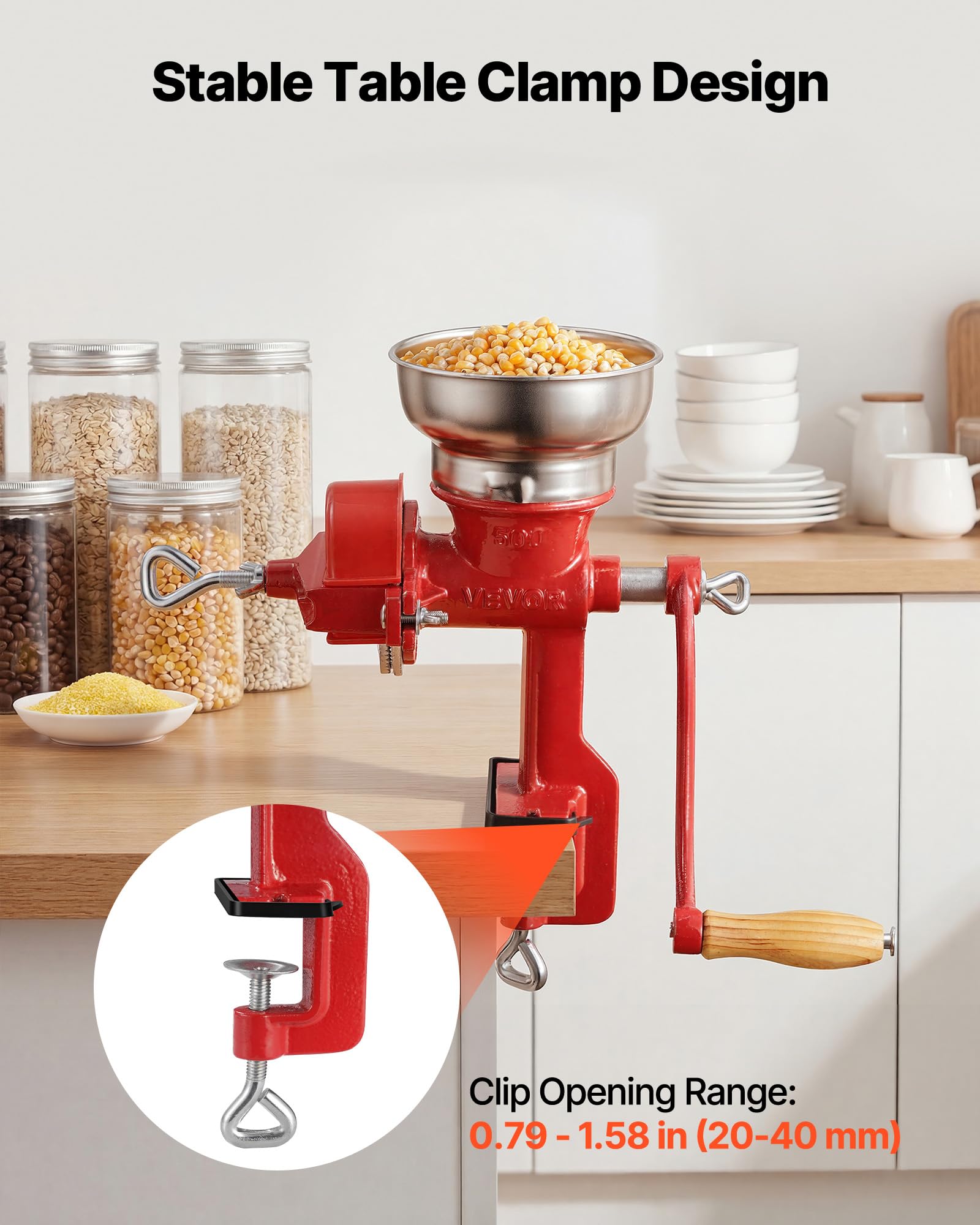 VEVOR Molinillo de Cereales Manual con Manivela y Tolva Baja de 7 cm, Molino de Granos de Hierro Fundido, con Abrazadera de Mesa Estable y Cubierta Antipolvo, para Especias, Café, Nueces, Cereales