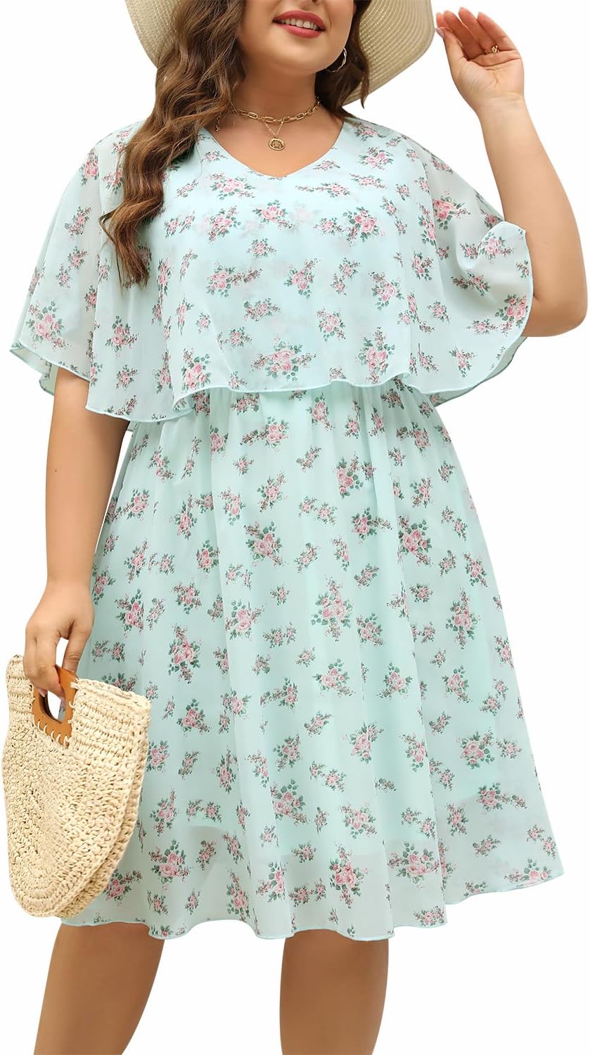 Keluummi Plus Size Summer Wedding Guest Dress for Curvy Women, Casual Boho Floral Empire Waist Midi Flowy Dress with Sleeve