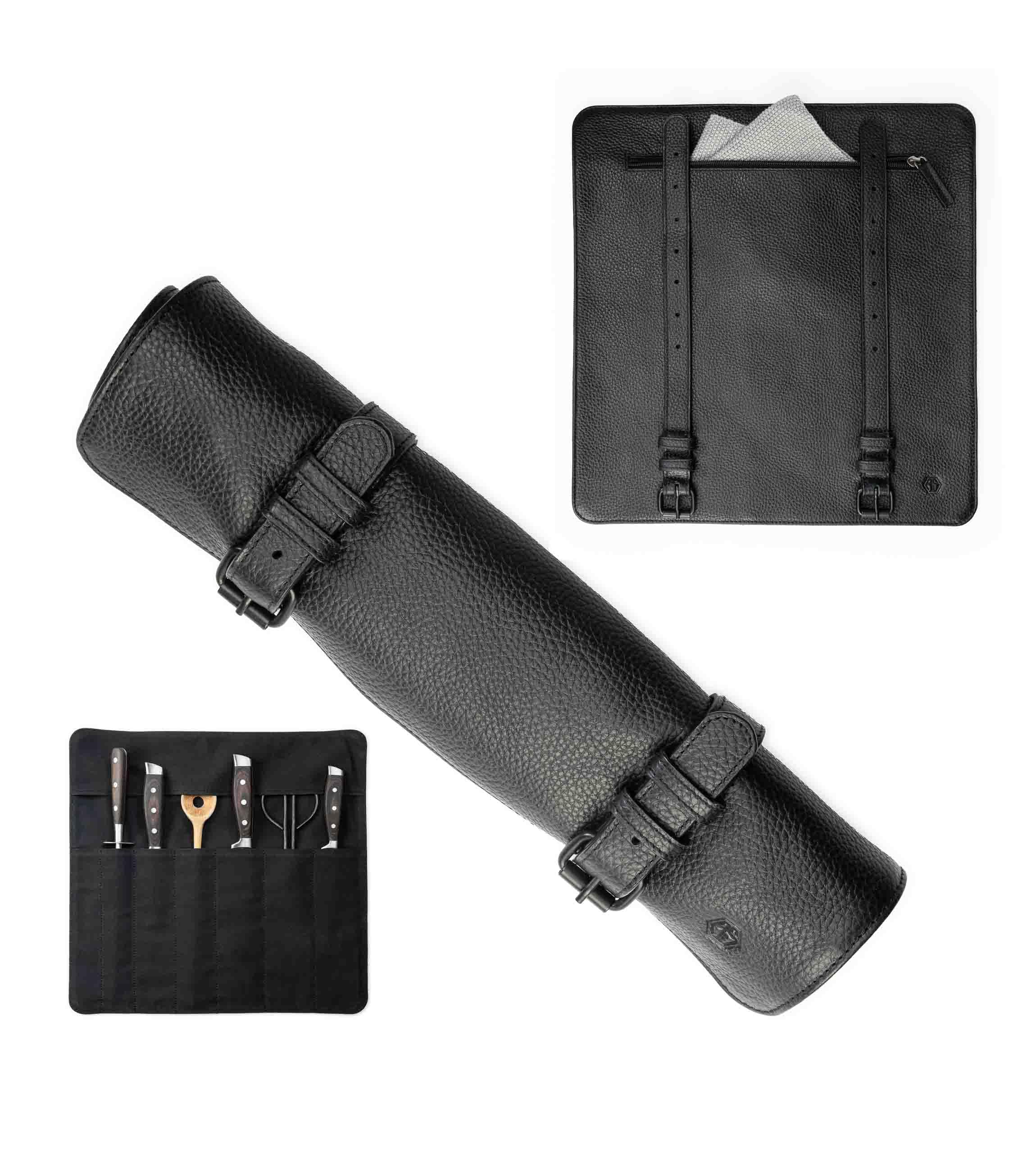 Angus StokeBuffalo Leather Knife Roll Bag for Chef`s - Knife Roll Case with zipper – knives storage Alfons (Black)