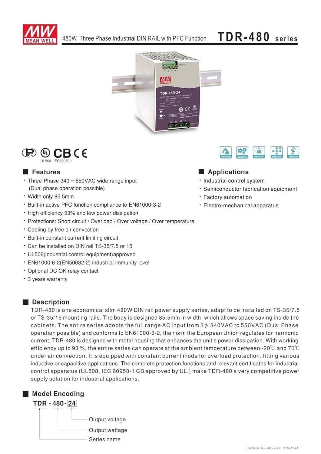 Three Phase Industrial DIN Rail Power Supply, 24V 20A 480W