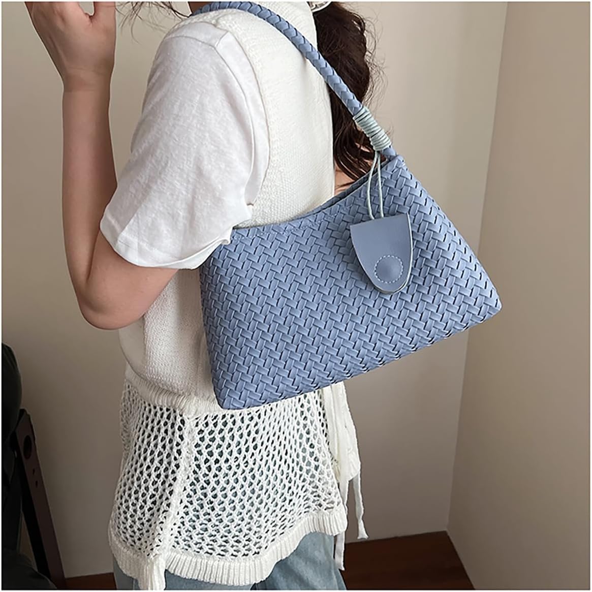 Woven Hobo Bag for Women Fashion Faux Leather Bucket Shoulder Bags Trendy Hobo Tote Underarm Handbags Purse for Work Travel