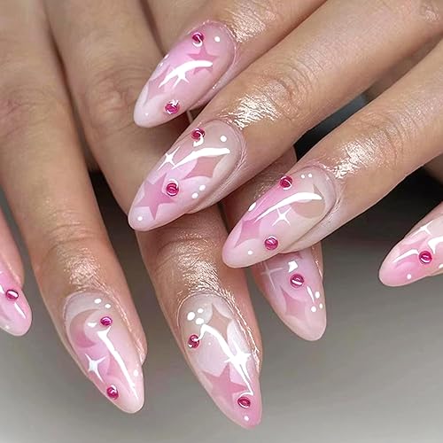 Uñas postizas a presión con diseño de luna y estrella hueca, uñas postizas largas de almendra, color rosa y morado, con diseño de diamantes de