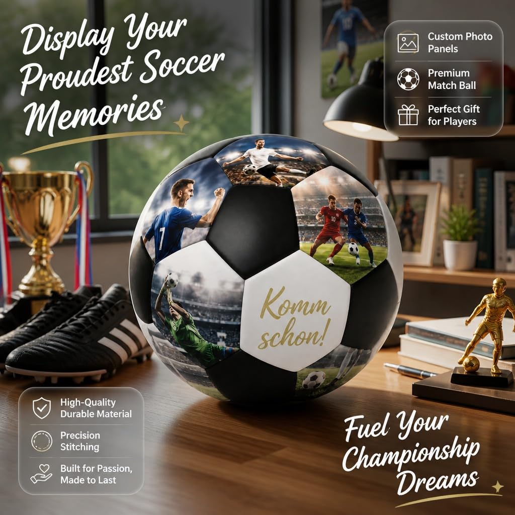 Personalisierte Fußball mit Foto & Namen & Text, Fußball Personalisiert mit 5/10/15/20 Bildern, Größe 4 oder 5, Personalisierte Fussball Geschenk für Fußballfans, Sohn, Jungen, Mädchen & Trainer