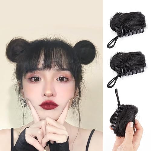 NICENEEDED 2 piezas de moño de pelo con clip de garra, 1.5 x 2.7 pulgadas, orejas de gato desordenadas, extensiones de dona, accesorio de peluca,