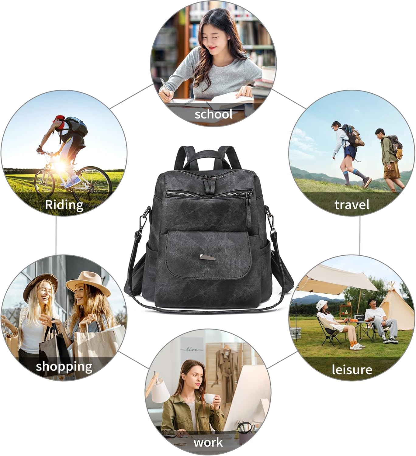 Backpack Purse for Women, PU Leather Backpack Purse, Fashion Travel Anti Theft Backpack, Multipurpose Lightweight Waterproof Convertible Purse Shoulder Bag Handbag, Black - Image 6