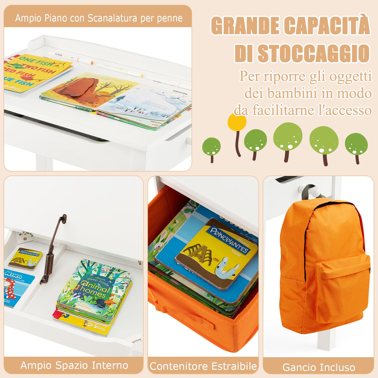 RELAX4LIFE Scrivania per Bambini in Legno con Sedia, Coperchio Apribile Contenitore, Cerniera, Gancio per Zaino e Scatola per Età 3+ Anni (Bianco)